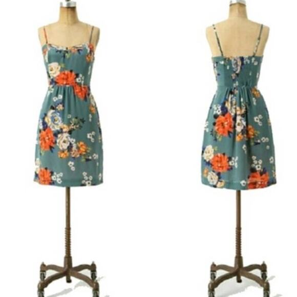 ANTHROPOLOGIE Soeurs Floral Turquoise Spaghetti Strap Pleated Mini Dress 0 - Picture 10 of 10